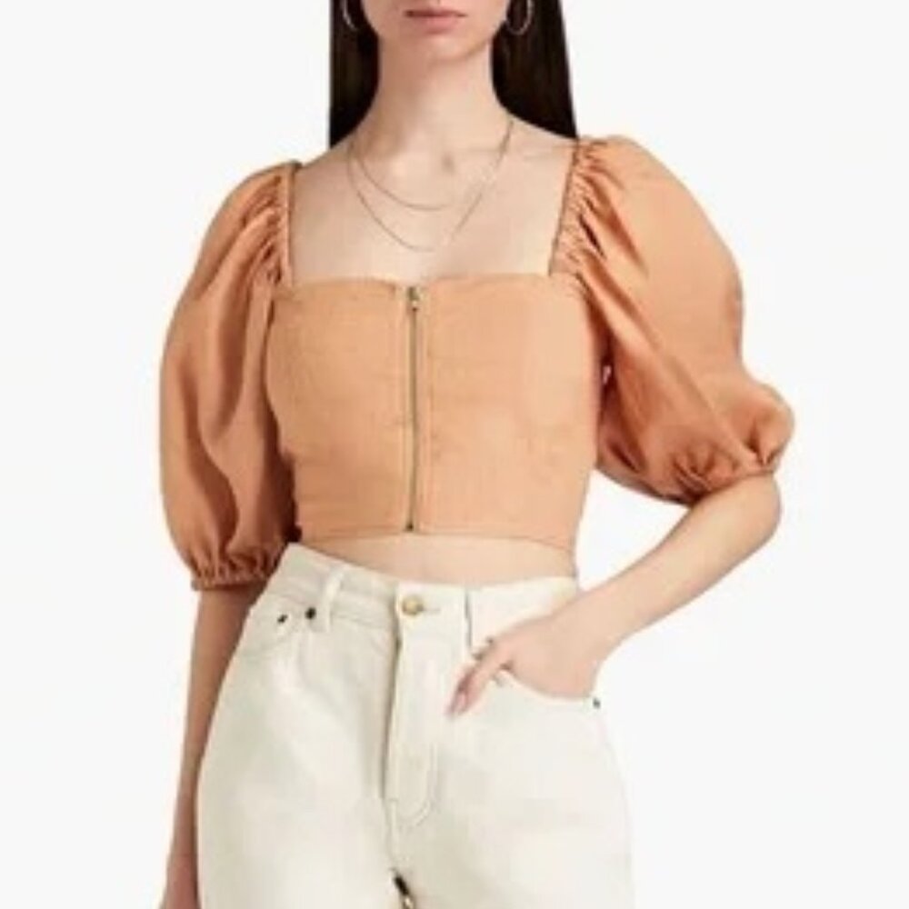NWT Nicholas Dawn Corset Top Zip Front Puff‎ Sleeves Linen Twig Size 12